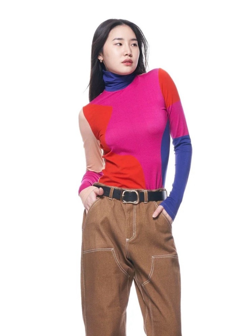 Colorblock Long Sleeve Turtleneck Top in Pink, Red and Blue-NWT